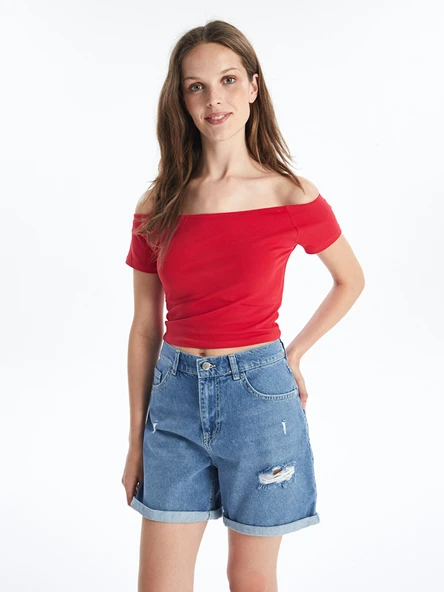 LCW Jeans İndigo Boyfriend Fit Yırtık Detaylı Kadın Jean Şort ürün görseli 1