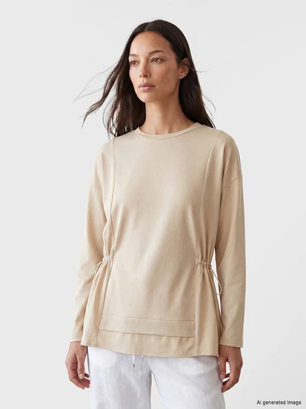 LCW Modest Bej Büzgülü Soft Touch Kadın Sweatshirt Tunik ürün görseli 1