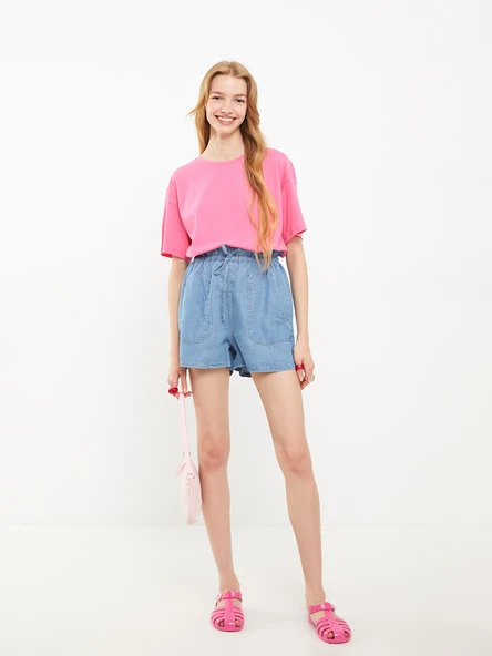 LCW Jeans İndigo Yüksek Bel Standart Fit Düz Cep Detaylı Kadın Jean Şort ürün görseli 1