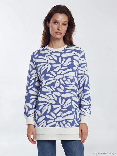 LCW Modest Mavi Bisiklet Yaka Desenli Kadın Sweatshirt Tunik ürün görseli 1