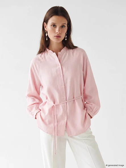LCW Modest Pembe Çizgili Oversize Kadın Gömlek Tunik ürün görseli 1