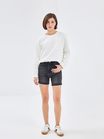 LCW Jeans Siyah Mom Fit Kadın Jean Şort ürün görseli 1