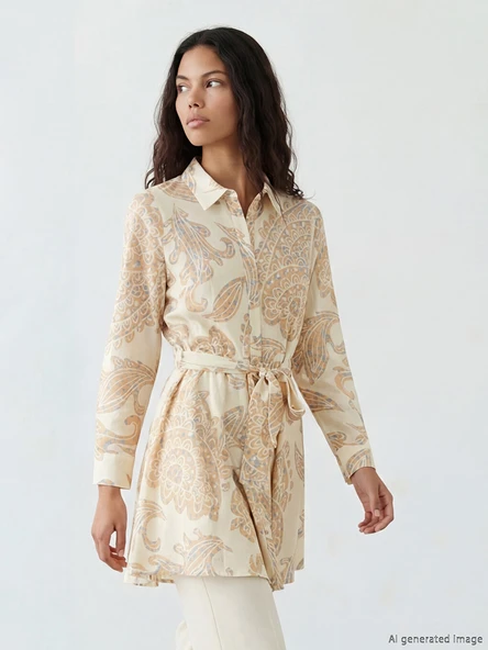 LCW Comfort Ekru Desenli Beli Kuşaklı Kadın Gömlek Tunik ürün görseli 1