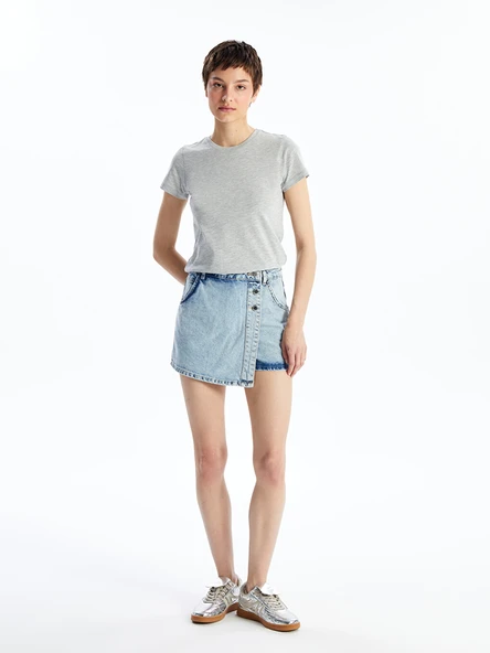 LCW Jeans İndigo Kadın Standart Fit Düz Jean Şort Etek ürün görseli 1