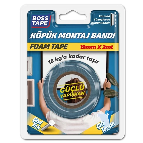 Boss Tape Çift Taraflı Köpük Asma Bandı 15 Mm X 2 Metre Beyaz 15Kg ürün görseli 1