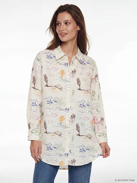 LCW Modest Ekru Desenli Oversize Kadın Gömlek Tunik ürün görseli 1