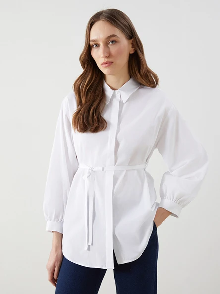 LCW Modest Ekru Oversize Poplin Kadın Gömlek Tunik ürün görseli 1