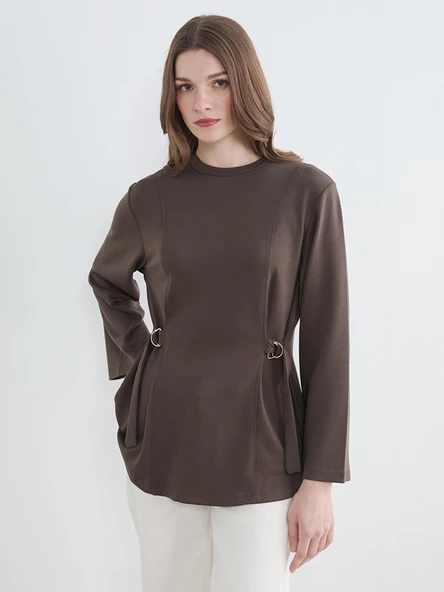 LCW ECO Kahverengi Bisiklet Yaka Beli Kemerli Kadın Sweatshirt Tunik ürün görseli 1