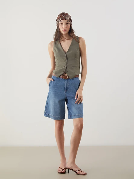LCW Jeans İndigo Beli Kemerli Standart Fit Kadın Jean Şort ürün görseli 1
