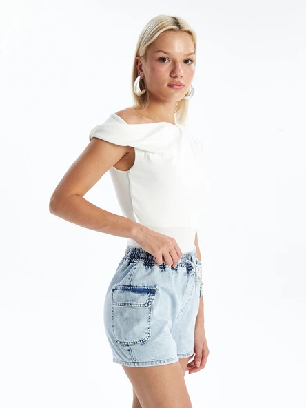 LCW Jeans İndigo Beli Lastikli Bermuda Fit Kadın Jean Şort ürün görseli 1