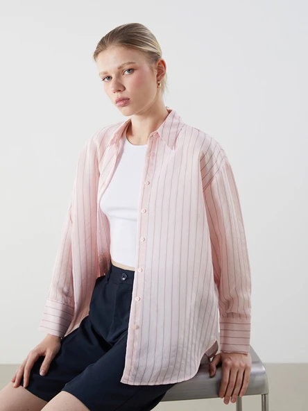 LCW Vision Pembe Çizgili Oversize Kadın Gömlek ürün görseli 1