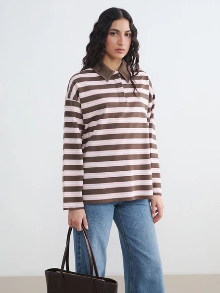 LCW Modest Kahverengi Polo Yaka Çizgili Kadın Sweatshirt Tunik ürün görseli 1