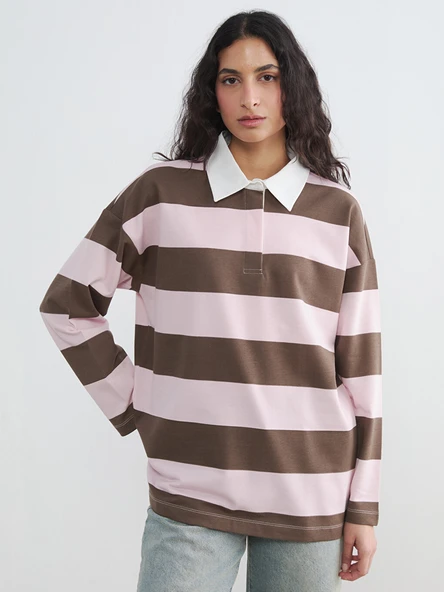 LCW Modest Pembe Polo Yaka Çizgili Oversize Kadın Sweatshirt Tunik ürün görseli 1