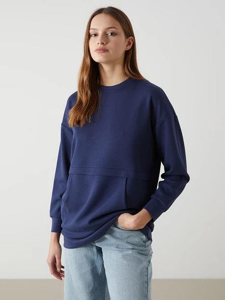 LCW Modest Lacivert Bisiklet Yaka Oversize Kadın Sweatshirt Tunik ürün görseli 1