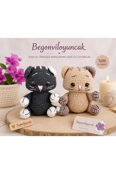 Amigurumi 2'li Örgü Kedi Oyuncak, Siyah-krem, Amigurimi ürün görseli 1