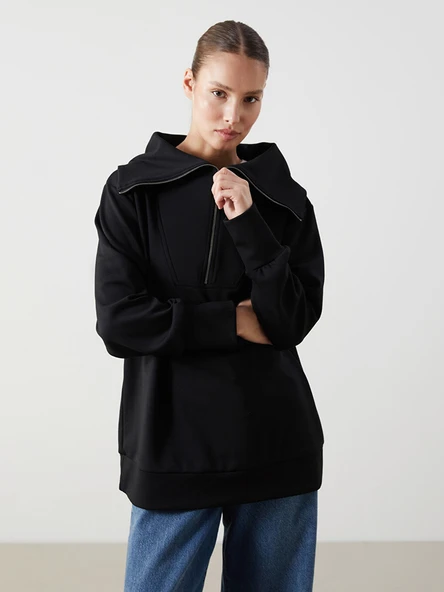 LCWAIKIKI Classic Siyah Dik Yaka Oversize Kadın Sweatshirt Tunik ürün görseli 1