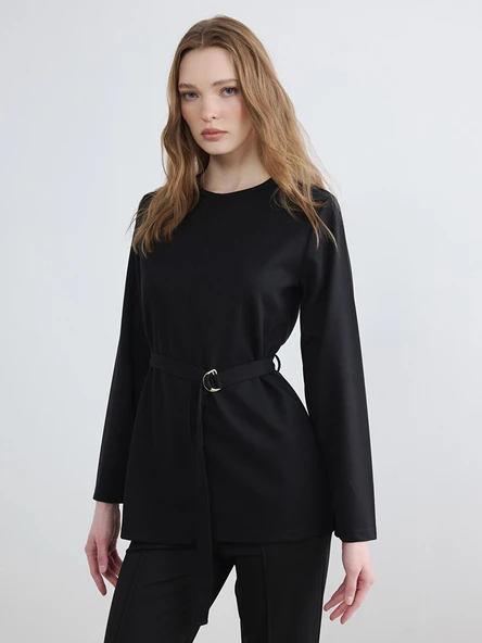 LCW Modest Siyah Bisiklet Yaka Kemerli Kadın Sweatshirt Tunik ürün görseli 1