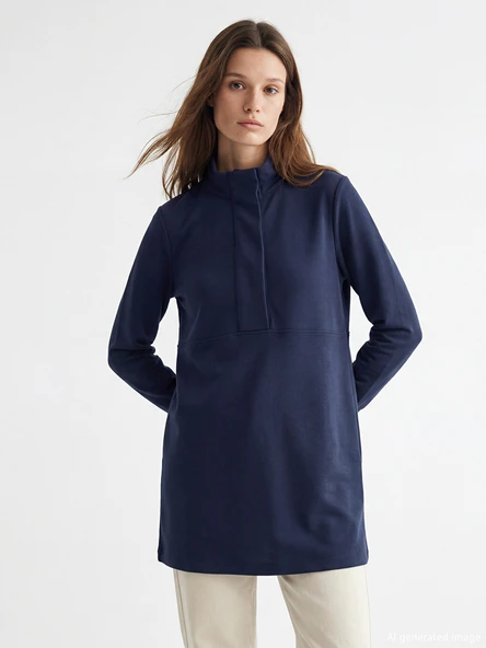 LCW Modest Lacivert Dik Yaka Soft Touch Kadın Sweatshirt Tunik ürün görseli 1