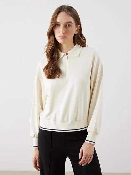LCW Modest Bej Polo Yaka Oversize Kadın Sweatshirt ürün görseli 1