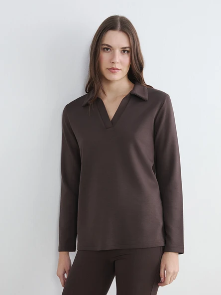 LCW Comfort Kahverengi Polo Yaka Kadın Sweatshirt ürün görseli 1