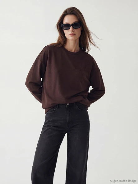 LCW Modest Kahverengi Bisiklet Yaka Nakışlı Kadın Sweatshirt Tunik ürün görseli 1