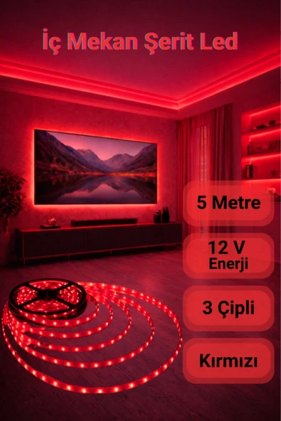 ENFE 3 Çipli Şerit Led Kırmızı Işık ◆ İç Mekan ◆ Yüksek Lümen ◆ Ekstra Kalın PCB ◆ 5 m ( TRAFOSUZ ) ürün görseli 1