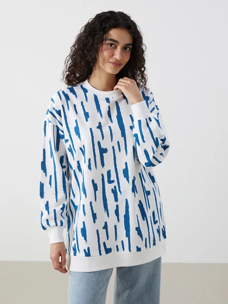 LCW Modest Mavi Bisiklet Yaka Desenli Kadın Sweatshirt Tunik ürün görseli 1