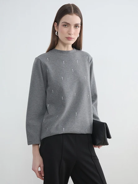 LCW Modest Antrasit Bisiklet Yaka Taşlı Kadın Sweatshirt Tunik ürün görseli 1