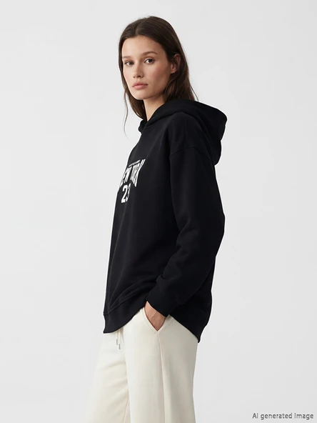 LCW Modest Siyah Kapüşonlu New York Baskılı Kadın Sweatshirt Tunik ürün görseli 1