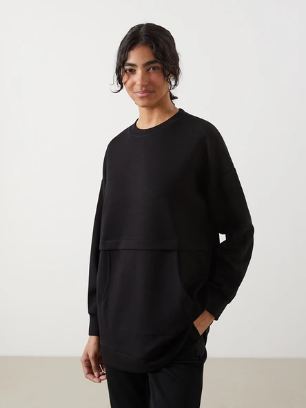 LCW Modest Siyah Bisiklet Yaka Oversize Kadın Sweatshirt Tunik ürün görseli 1