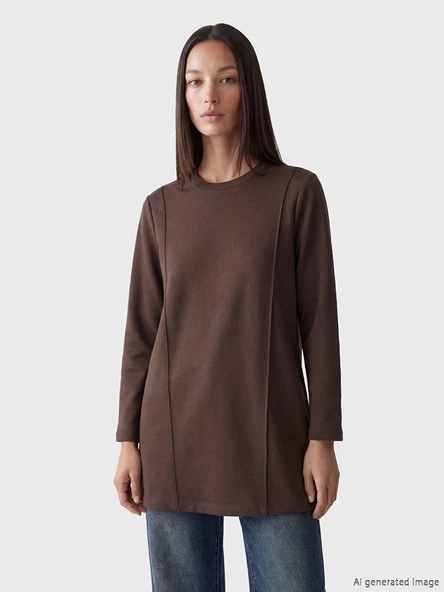 LCWAIKIKI Classic Kahverengi Bisiklet Yaka Kadın Sweatshirt Tunik ürün görseli 1