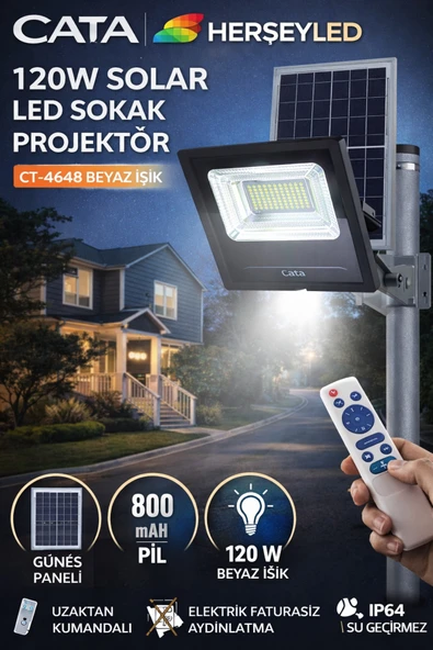 Cata (CT-4648) 120W SOLAR Led Sokak Prjektör KONGO (Beyaz Işık) (29X35 Solar panel ) ürün görseli 1