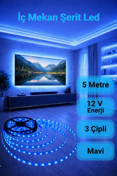 ENFE 3 Çipli Şerit Led Mavi Işık ◆ İç Mekan ◆ Yüksek Lümen ◆ Ekstra Kalın PCB ◆ 5 m ( TRAFOSUZ ) ürün görseli 1