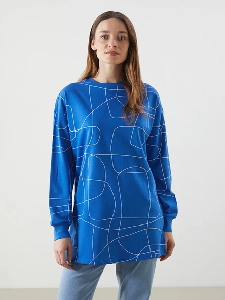 LCWAIKIKI Classic Mavi Bisiklet Yaka Desenli Oversize Kadın Sweatshirt Tunik ürün görseli 1