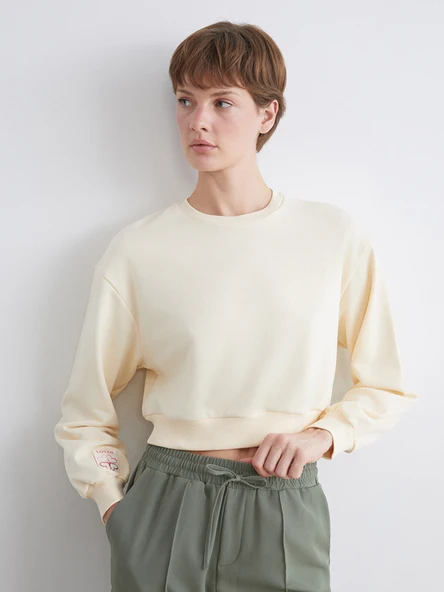 LCW ECO Ekru Bisiklet Yaka Nakışlı Kadın Sweatshirt ürün görseli 1