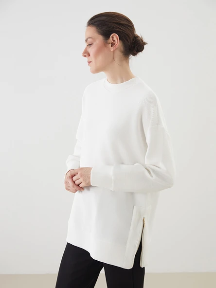 LCWAIKIKI Classic Ekru Bisiklet Yaka Oversize Kadın Sweatshirt Tunik ürün görseli 1