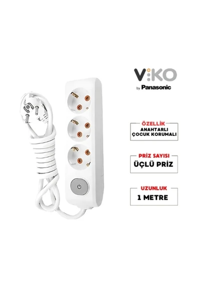 VİKO | Üçlü Grup Priz, Anahtarlı Topraklı - Çocuk Korumalı Çoğaltıcı Priz, 3'lü, 1 M, Beyaz ürün görseli 1