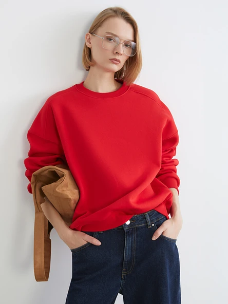 LCW Vision Kırmızı Bisiklet Yaka Oversize Kadın Kalın Sweatshirt ürün görseli 1