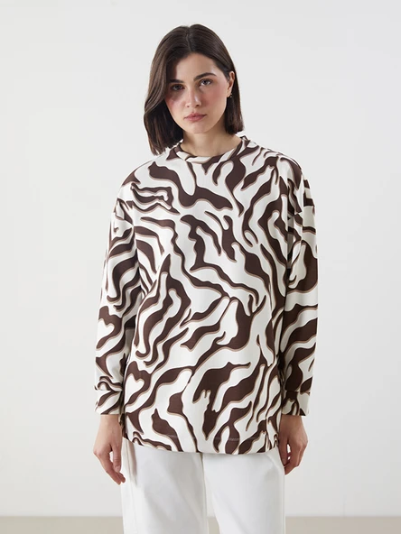 LCW Modest Kahverengi Desenli Oversize Kadın Sweatshirt Tunik ürün görseli 1
