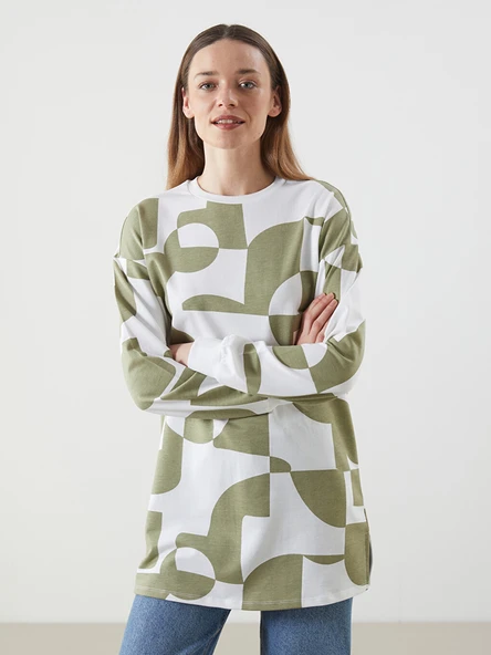 LCWAIKIKI Classic Yeşil Bisiklet Yaka Desenli Oversize Kadın Sweatshirt Tunik ürün görseli 1