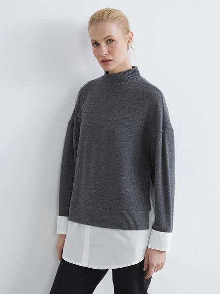 LCWAIKIKI Classic Antrasit Soft Touch Oversize Kadın Sweatshirt Tunik ürün görseli 1