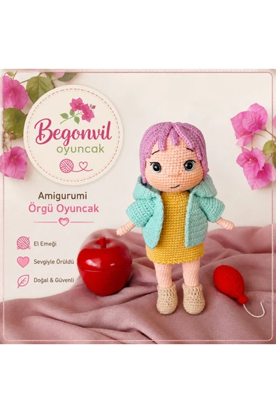 Amigurumi Lila Saçlı Örgü Oyuncak Bebek, %100 El Örgüsü ürün görseli 1
