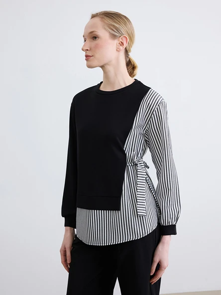 LC WAIKIKI Siyah Fiyonklu Çizgili Kadın Sweatshirt Tunik ürün görseli 1