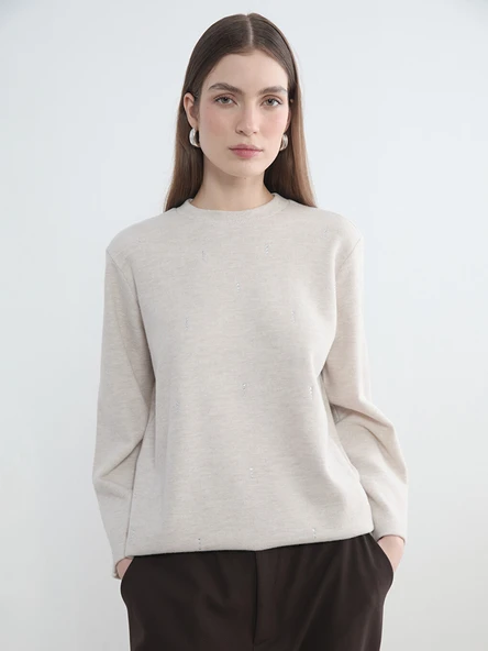 LCW Modest Bej Bisiklet Yaka Taşlı Kadın Sweatshirt Tunik ürün görseli 1
