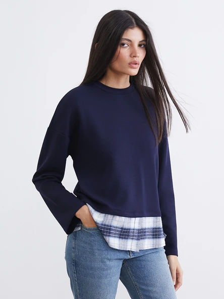 LCW Vision Lacivert Ekose  Oversize Soft Touch Kadın Sweatshirt ürün görseli 1