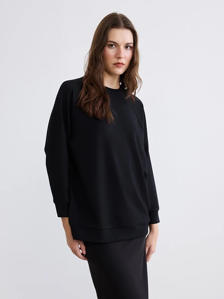 LCW Comfort Siyah Bisiklet Yaka Taşlı Kadın Sweatshirt ürün görseli 1