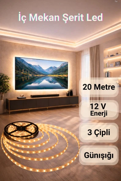 ENFE 3 Çipli Şerit Led Günışığı ◆ İç Mekan ◆ Yüksek Lümen ◆ Ekstra Kalın PCB ◆ 20 m ( TRAFOSUZ ) ürün görseli 1