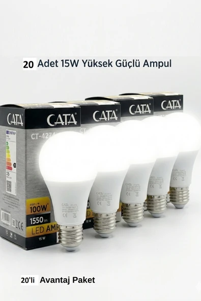 Cata 20 Adet CT-4274 15W E27 LED Ampul 3200K Günışığı (Sarı Işık) – 1550 Lümen, Yüksek Işık Gücü ürün görseli 1