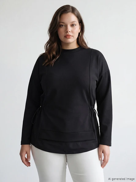 LCW Modest Siyah Soft Touch Oversize Kadın Sweatshirt Tunik - Resim 2