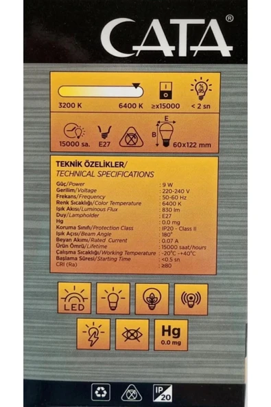 Cata 9W ŞARJLI LED AMPÜL E27 BEYAZ - Resim 2